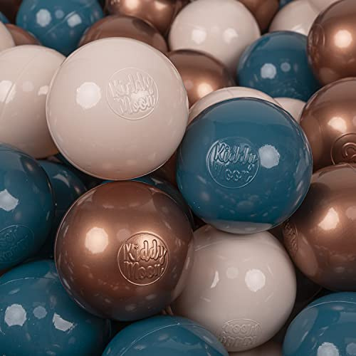KiddyMoon 200 bollar/7 cm barnbollar lekbollar för bollhav baby, enfärgad plastbollar tillverkade i EU, mörkturkos/pastellbeige/kopparröd