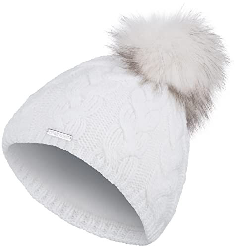 Compagno Strickmütze Mütze Damen Wintermütze Bommelmütze Norwegen Zopfmuster gefüttert Winter Fleece Futter Beanie 98, Farbe:Weiß