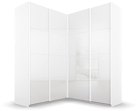 Rauch Möbel QUADRA, Eckschrank, Farbe Glas Weiß, Breite 181 cm | Eckschrank mit Schwebetüren, 4-türig, 4 Glastüren, für Schlafzimmer, Gästezimmer, Ankleidezimmer, Garderobe