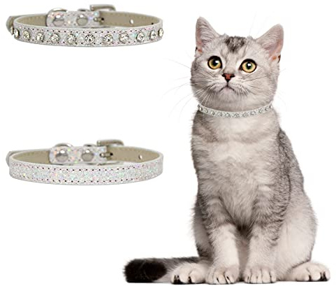 URROMA Silberfarbenes Leder-Strass-Katzenhalsband, 2 Stück, Haustier-Bling-Strass-Halsband, verstellbar, glitzernd, klassisch, für kleine Hunde und Katzen, S