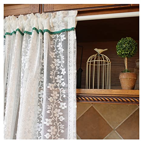 GUOCU Staubdicht Weiße Spitze Blumen Gaze Halber Tür Küche Volant Fenster Behandlung Transparent Scheibengardinen Bistrogardine Kurzvorhang Modern für Kabinett Weiß