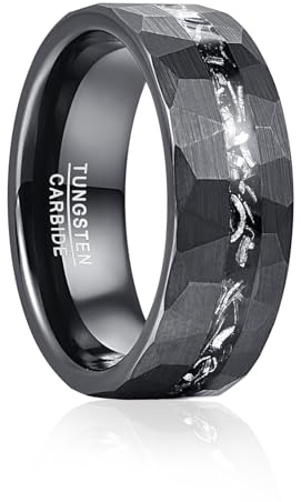 Vakki 8mm Schwarz Herren Wolfram Ring mit Gehämmerter, strukturierter Einlage aus Meteorit für Hochzeit, Jahrestag, Geburtstag, Größe 65(20.7)
