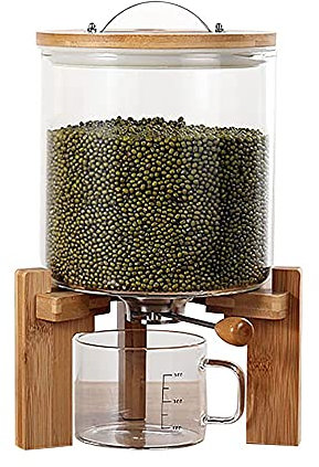 DISHENGZHEN Récipient à Farine et Céréales, 5L, Distributeur de Riz, Récipient en Verre Créatif pour Organisation de Cuisine et Garde-Manger, Couvercle Hermétique et Support en Bois