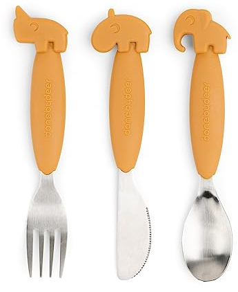Done by Deer Easy grip Besteck Deer friends Senfgelb - Besteckset mit Löffel, Gabel und Messer - Kinderbesteck mit weiche, rutschfeste Stiele aus Silikon - Süße Taufgeschenke für Kinder