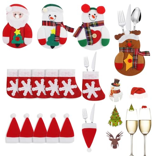 Hopton 56 Pcs Christmas Table Decoration, Christmas Cutlery Holders, Christmas Tableware, Xmas Cutlery Holders, Xmas Silverware Holders, Knives Forks Tableware Bags for Christmas Dinner Table Decor