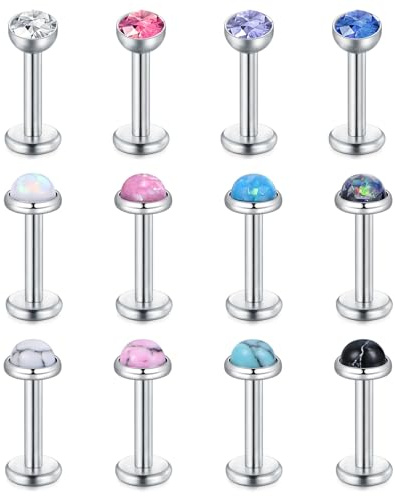 Briana Williams 12 Stück Lippenschrauben Labret 16G 6mm Tragus Rook Stange mit Kristall Ohrring Edelstahl Silber Piercingschmuck