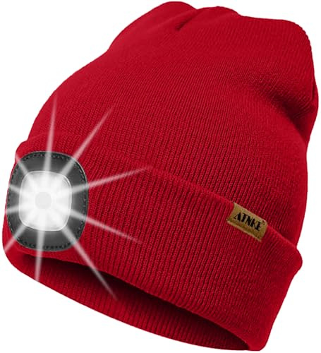 ATNKE LED Gorro con Luz, USB Recargable 4 LED Luz Gorra para Correr Super Brillante Manos Libres Invierno Cálido Punto Gorro Tecnología Regalos para Hombre y Mujer/Red
