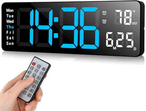 Fuloon Wanduhr Digital, LED Wanduhr Mit 13-Zoll-Großdisplay, Wecker Mit Fernbedienung, Timing- Und Countdown, Tischuhr Mit Datum, Woche, Temperatur Für Schlafzimmer, Wohnzimmer