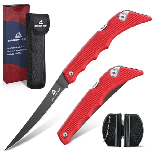 DRAGON RIOT Filetiermesser Fisch Scharf, Angelmesser Klappbar, Edelstahl Fischmesser mit Anti-Rutsch-Griff, Klappbare Filetiermesser Fisch Angeln, Outdoor-Messer für Fisch und Fleisch
