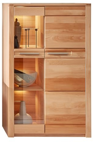 Lomadox Wohnzimmer Esszimmer Vitrine Vitrinenschrank Standvitrine 85cm, inkl. Beleuchtung, Front Kernbuche massiv