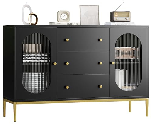 FirFurd 120cm Aparador Cocina con 2 Puertas de Cristal y 3 cajones, Armario Despensa Cocina, Muebles Bar para Salón, Mueble Aparador Comedor, Negro y Dorado