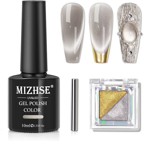 MIZHSE Cat Eye UV Cel Nagellack 10ml Cateye UV Gel Maillard Cateye Magnet UV Nagellack Set mit 1 Magnet, Chrome Nail Powder Silber Gold Mirror Effect Chrom Pulver Maniküre Gel Lacke Für UV Lampe
