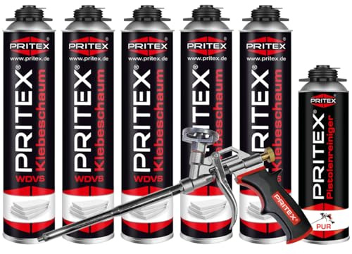 PRITEX WDVS Klebeschaum Set, 5x 750ml Dämmstoffkleber, Pistole, Reiniger