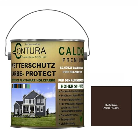 Contura Wetterschutzfarbe 1 Liter Holz Dauerschutzfarbe Deckend Buntlack Holzfarbe Holzlasur Seidenmatt (Dunkelbraun - RAL 8017 Analog)