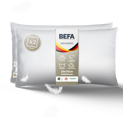 BEFA NATUR Federkissen 50x70 cm extra fest (2 Stück) | Kopfkissen Set 100% Federn | 1600g Füllgewicht/Stück | Allergiker (NOMITE) | Tierwohl (DOWNPASS) | Oeko-TEX Klasse 1 | Made in Germany