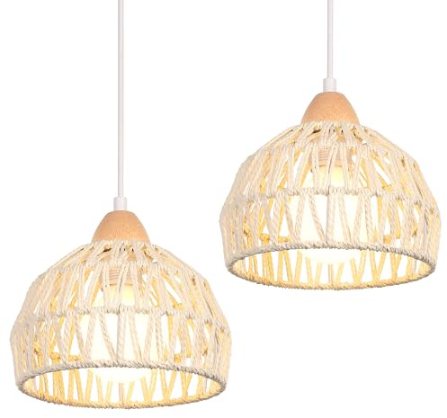 iDEGU Set med 2 ljuskronor, pendellampor, vintage, halvcirkel, taklampa, E27, i trä och rotting, hängande lampa för sovrum, matsal, kök, kaffebar, Ø 20 cm (vit)