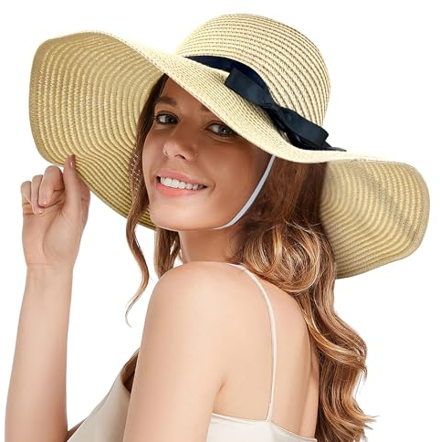 beifon Strohhut Damen Sommer, Faltbar Sonnenhut Damen UV Schutz mit Breite Krempe, Sommerhut mit Elastischem Kinnriemen, Sonnenhüte für Damen Strandhut Hut Frauen Kappe Unisex
