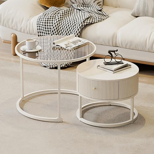 HaoJieHan Runde Couchtische, 2Er-Set Beistelltische, Couchtisch Aus Glas Mit Metallrahmen, Sofa-Teetisch Für Kleine Räume Für Kleine Räume/Wohnzimmer/Schlafzimmer C,(60x46)+(45+36) cm