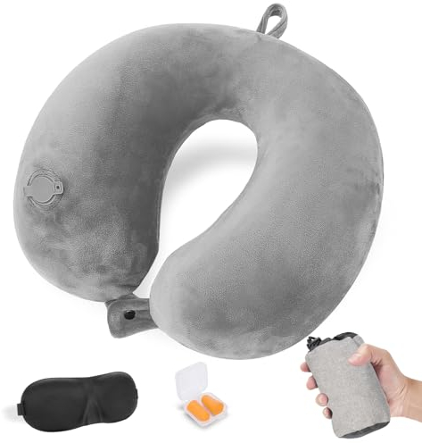 Cirorld Nackenkissen Flugzeug Aufblasbar, Reisekissen Flugzeug Nackenkissen, Nackenhörnchen Erwachsene, Aufblasbares Reisekissen mit Augenmaske und Ohrstöpsel(Grau)