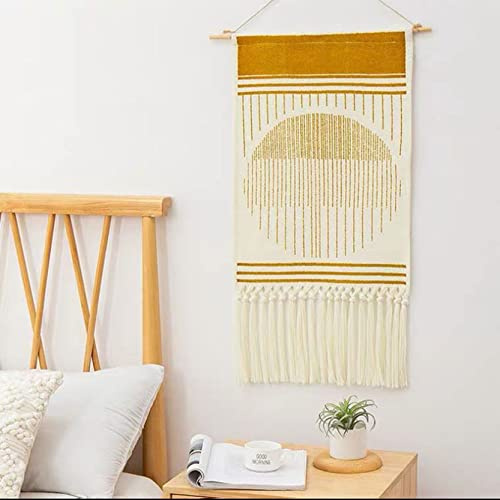 XYLGJYT Makramee Wandbehang Azteken Wandteppich Boho Dekor Handgeknüpfte Quasten Wandteppich,Baumwoll Leinen Wandteppich,Geometrische Kunst,Pflanzendruck,L-50x70 cm
