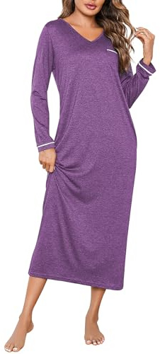 Demegimi Chemise de Nuit Femme à Manches Longues en Coton Hivers Robe de Nuit Col en V Confortable et Doux