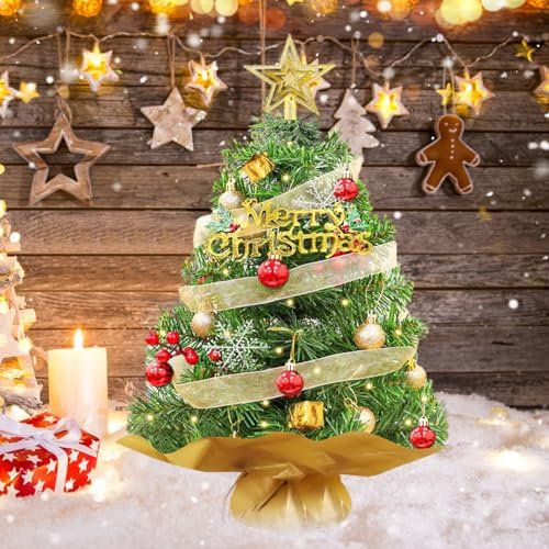 TAZZOR 60cm Künstlicher Weihnachtsbaum mit Beleuchtung - Klein künstlich & beleuchtet - Mini Tannenbaum für Weihnachtsdeko - Weihnachtsbaum künstlich klein mit Deko - Tannenbaum künstlich & beleuchtet