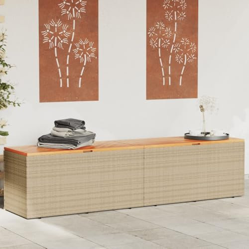 Homgoday Gartentruhe Garten Kissenbox mit Deckel Gartenbox Auflagenbox Kissenbox Truhe Aufbewahrungsbox Gartenkiste Kissentruhe Beige 220x50x54 cm Poly Rattan Akazienholz