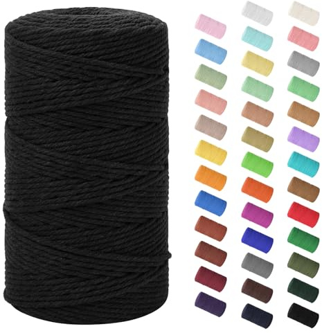 Makramee Garn 3mm x 200m, Baumwollkordel Farbig Baumwollgarn Geflochten Baumwollseil, Natürliche Baumwollschnur für Makramee Wandbehang, Blumenampel, Vorhang und Mehr DIY Deco, Schwarz
