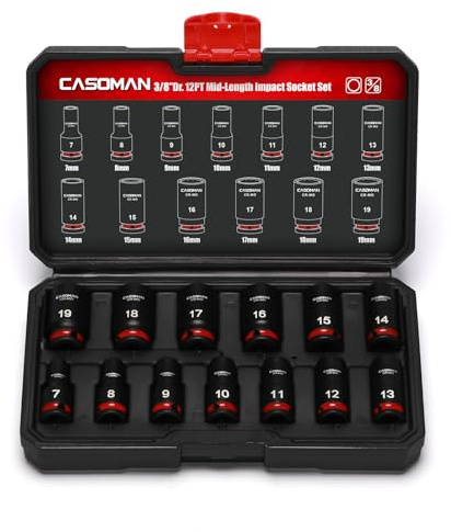 CASOMAN Juego de 13 llaves de impacto de longitud media de 3/8 pulgadas, 12 puntos, métricos, 7 mm - 19 mm, acero CR-MO, con caja de almacenamiento