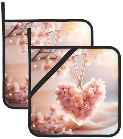 Set di presine a forma di cuore con stampa floreale, quadrato, in poliestere, per donne e uomini, per cucinare barbecue, forno a microonde