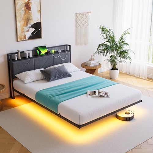 HAHRIR Floating Double Bed Frame with Upholstered Headboard Storage, Black | 135x190cm Metal Bed Frame with LED Lights & USB Charging Station, 4ft6 Platform Bed, Heavy Duty Metal Slats, Noise Free