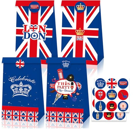 COSORO 12Pcs Union Jack Party Paper Gift Bags,Small Uk Flag Bag for Sweets,Loot Candy Bag British Kraft Paper Bags with Stickers for 2025 VJ DAY 80th Anniversary Decorations,Union Jack Party Supplies