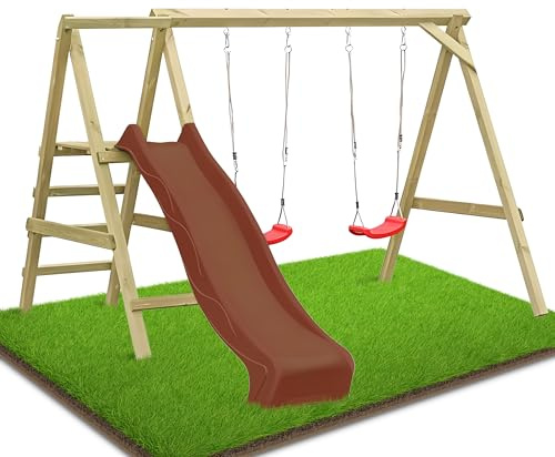 Gartenpirat Premium Schaukelgestell Typ 4.2 mit Rutsche braun Zwei Schaukelsitze Kletterleiter - 303 x 180 x 200 cm - Doppelschaukel aus Holz