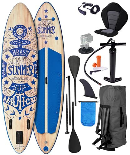 BRAST® SUP Board Summer | Aufblasbares Stand up Paddle Set | 320x81x15cm viele Modelle | 5 Jahre Garantie | inkl. Sonderzubehör | 2in1 Paddel Kajak-Sitz Action-Cam-Halterung Fußschlaufe | Natural Blau