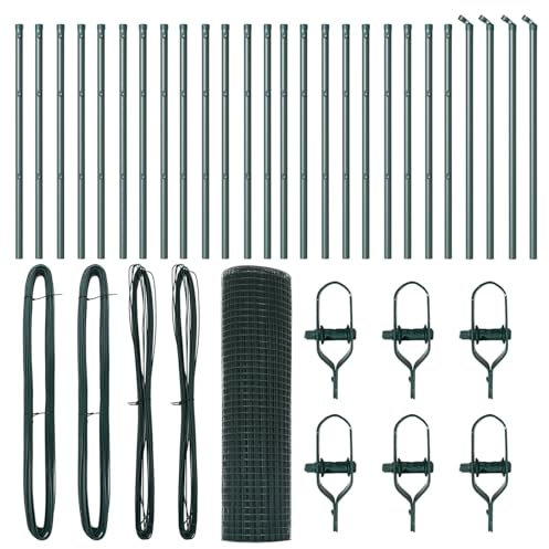vidaXL Green Steel Fence Post Set with Wire Mesh 50 x 0.6 m Durable Metal Modern Design for Outdoor Cladding Mounting Kit Solutions Geometric Powder Coated Garden Border Post