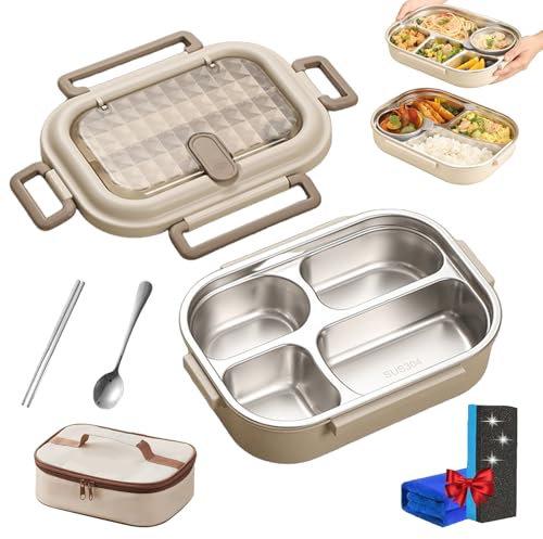 Caja Bento aislada de acero inoxidable para microondas (partición de gran capacidad), con cuenco de sopa, tenedor y bolsa, caja Bento de acero inoxidable para microondas (1000 ml, 4 rejillas, con