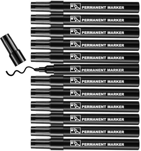 Blendura Marqueur Noir Indélébile Lot de 12, Feutre Indelebile à Pointe Conique 2-3 mm Moyenne Marqueurs Permanents pour Plastique, Carton, Pierre, Bois, Métal et Verre