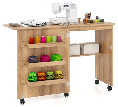 COSTWAY Tavolo da Cucito Pieghevole, Mobile per Macchina da Cucire con Ripiano Portaoggetti, 3 Scomparti Nascosti e Ruote Bloccabili, Mobile Multiuso per Piccoli Spazi (Legno, 118,5 x 40 x 79,5 cm)