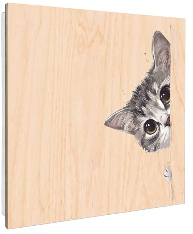 banjado Design Schlüsselkasten Holz für 50 Schlüssel - Schlüsselbox mit bedruckter Holzfront - Korpus weiß Scharnier rechts 30 x 30cm groß - Schlüsselaufbewahrung Motiv Neugierige Katze