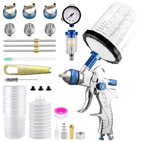 HVLP Lackeringspistol sprutpistol kit med 3 munstycken 650 ml (1,4/1,7/2,0 mm & 20 ounces) engångsmunstycke färgsprutpistol professionell färgpistol lackeringspistol tryckluft HVLP-sprutpistol