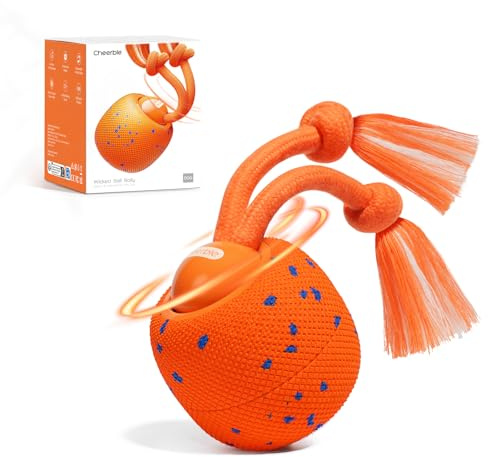 Cheerble Wicked Ball Rolly, interaktiver Hundeball mit Seil & Bellen Orange | Selbstrollendes Hundespielzeug, 3 Modi, austauschbare E-TPU-Hülle, USB-C aufladbar, für mittelgroße & große Hunde
