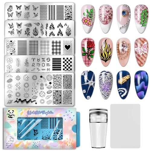 PH PandaHall 5pcs Plaques de Stamping pour Ongles Papillons Flammes Pochoirs pour Nail Art Coeurs Fleurs Modèles Zodiaque Manucure Art Pochoirs Soleil Lune Étoile pour Manucures Salon DIY Impression