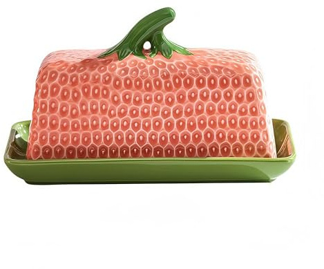 Grand beurrier à motif fraise avec couvercle pour cuisine et maison - 19,5 x 9,5 x 11,5 cm (L x l x H) - Passe au lave-vaisselle - Récipient à beurre en céramique pour réfrigérateur - Capacité de 500