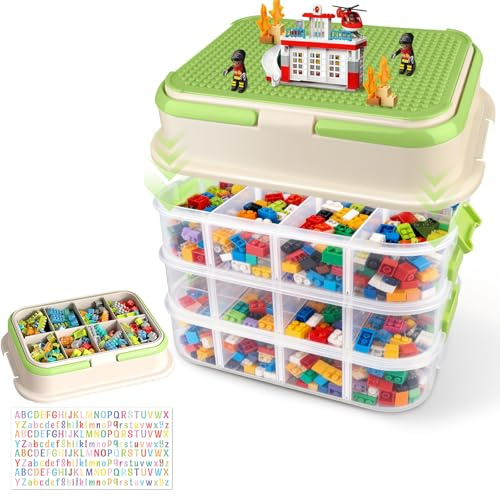 Sosisul Stapelbare Aufbewahrungsboxen für Legosteine mit Bauplatte und Deckel – Transparente Sortierbox mit 4 Etagen, Bausteine Kiste mit Griffen, Organizer Sortiersystem für Bausteine & Puzzle, Grün
