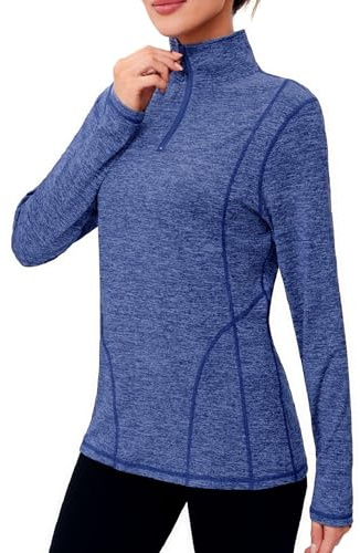 Terecey Haut de Sport Femme à Manches Longues Tee Shirt Chaud avec Fermeture Éclair 1/4 pour Entraînement Fitness en Automne et Hiver Vêtements de Running