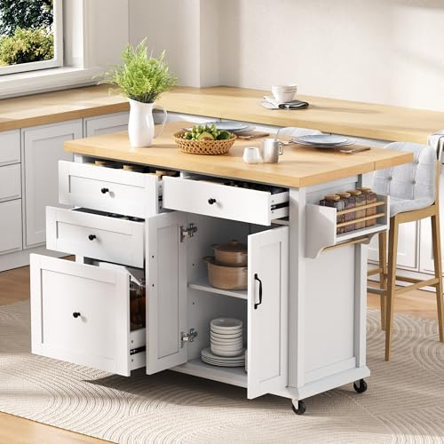 KecDuey Carrello da cucina mobile con ruote e tavolo da pranzo estraibile, 107,5 x 45 x 90,5 cm, isola da cucina con cassetti multifunzionali, ideale per cucina e sala da pranzo (bianco)