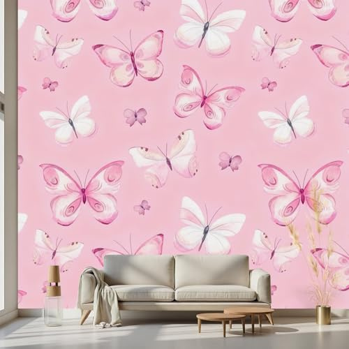 Kioldoq Rosa Tier Fototapete Wohnzimmer, Schmetterling Tapete Selbstklebende Schlafzimmer, Ästhetik Kind Tapeten Wandtapete Kinderzimmer Wanddeko Motivtapeten 150 x 100 cm