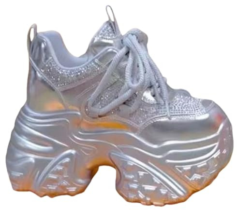 Damsneakers med platåsula, sneakers med kilklack, platåsula, glitter, paljetter, snörskor, fashionabla, ökning, kvinnor, fritidsskor, vattentäta, halkfria promenadskor, silver, 40 EU