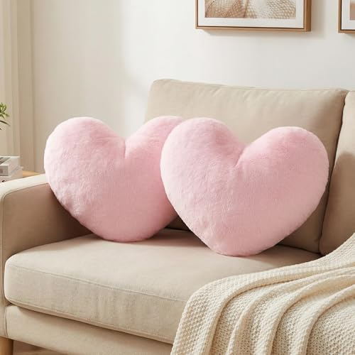 SKIPTHYBER 2 Pack Pink Heart Pillows 33 x25cm Washable Soft Fluffy Decorative Cushions, Cute Fuzzy Throw Pillows Decorative Pillows Cushions Valentine’s Day Gift for Bedroom Living Room Decor