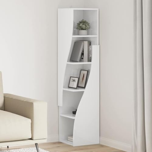 Goyphonic Eckschrank Hochglanz Weiß 32x32x140cm, Holzwerkstoff, schlankes Eckdesign mit 5 Regalen, vielseitiger Stauraum für Wohnzimmer, Küche & Büro